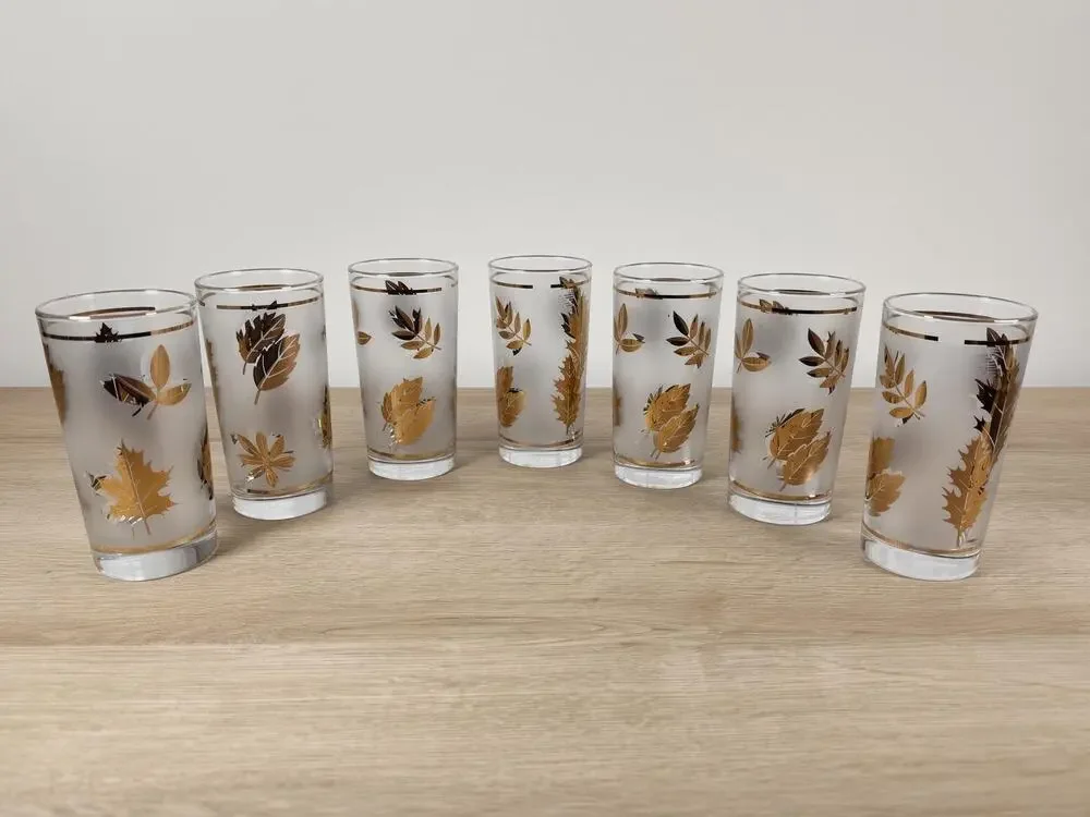Vintage Libbey Golden Foliage Glasses Set of 7, Gold Leaf Highball Tumblers